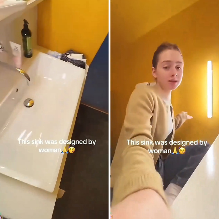 A woman showing a sink, presented as an amazing gadget, but accompanied by a wakeup call about its design origin. A woman showing a sink, presented as an amazing gadget, but accompanied by a wakeup call about its design origin.