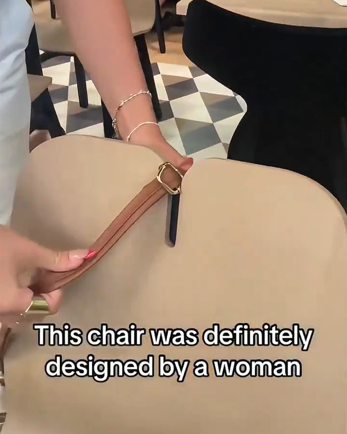 A close-up of a chair with a purse holder, showcasing amazing gadgets designed by women. A close-up of a chair with a purse holder, showcasing amazing gadgets designed by women.
