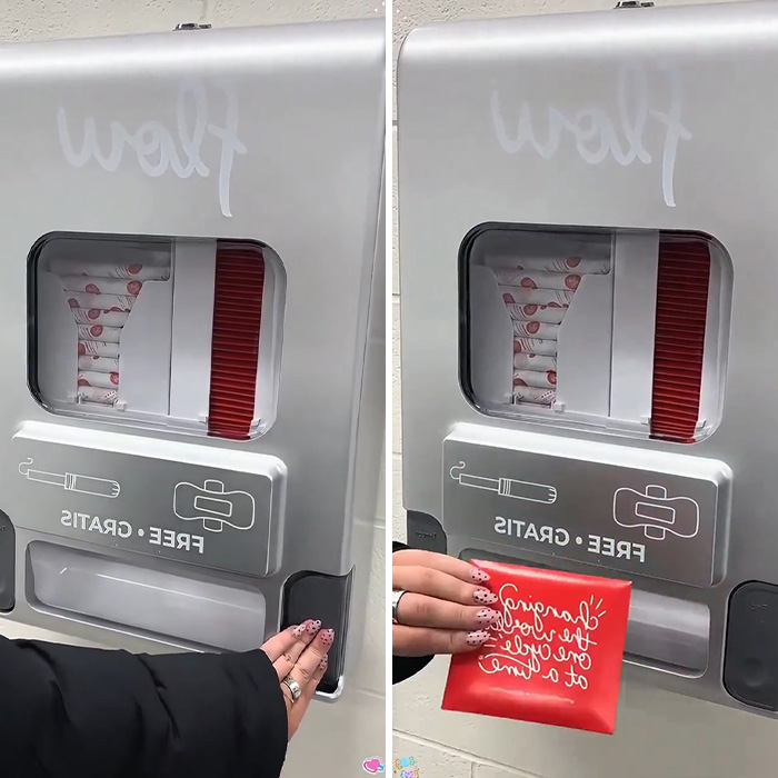 A woman dispenses a feminine hygiene product from a machine, highlighting amazing gadgets designed by women. A woman dispenses a feminine hygiene product from a machine, highlighting amazing gadgets designed by women.