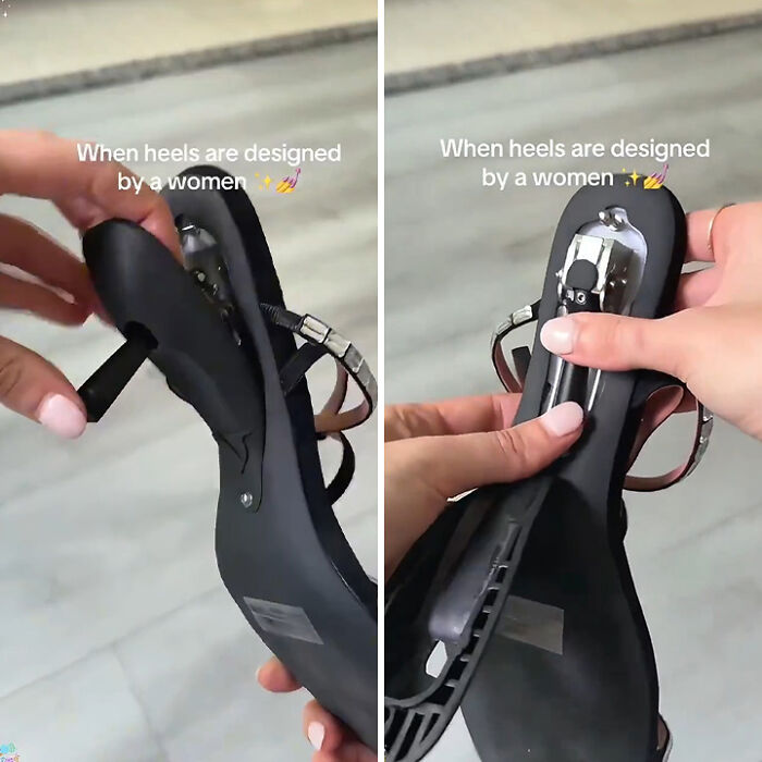 Hands demonstrating a detachable heel on a black sandal, an amazing gadget designed by women. Hands demonstrating a detachable heel on a black sandal, an amazing gadget designed by women.