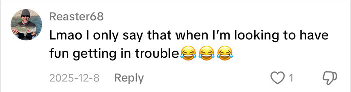 A comment from Reaster68 about a nonsensical sentence men say, saying they say it when looking for fun getting in trouble.