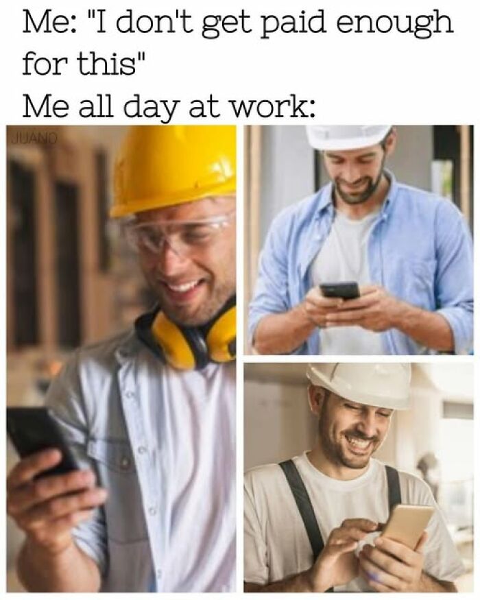 Construction workers smiling and looking at phones with work payment complaint