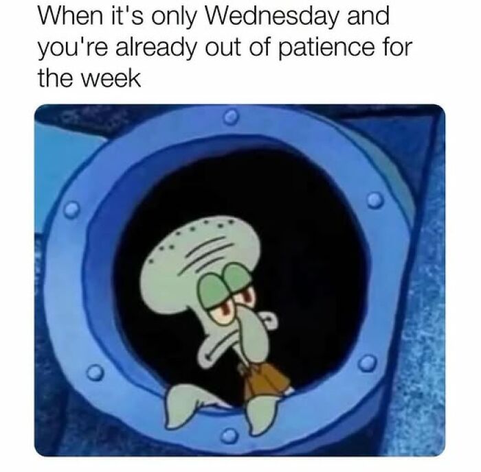 Cartoon squid character looks tired and impatient midweek at work