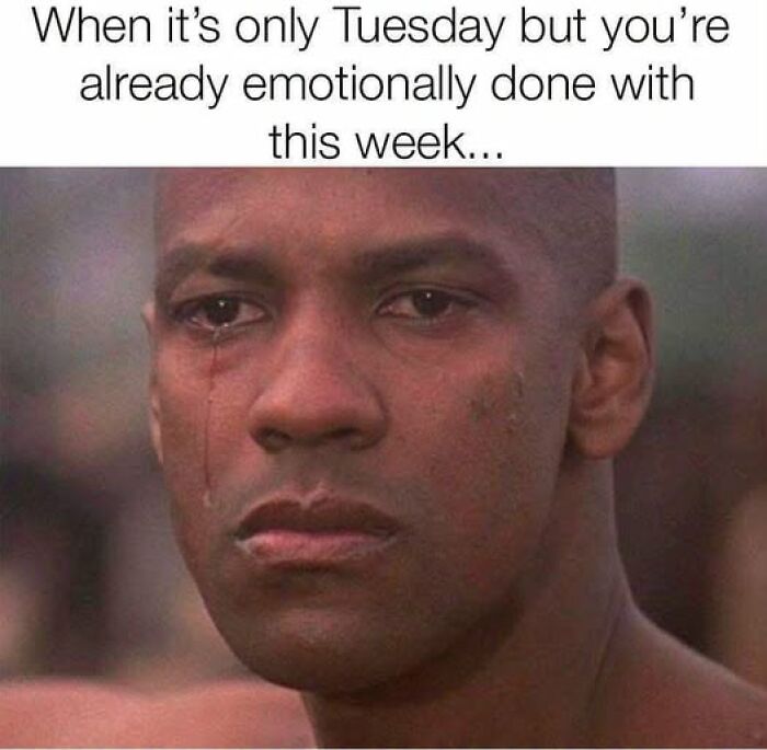 Emotional man crying on Tuesday showing exhaustion early in the work week
