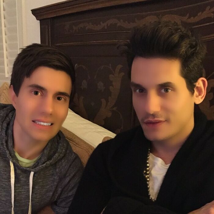 John Mayer and a friend, with a background suggesting a potential celebrity Photoshop fail.