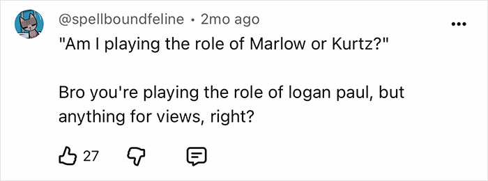 A YouTube comment comparing the YouTuber's actions on a dangerous island to Logan Paul, seeking views.