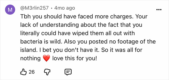 A YouTube comment criticizing the YouTuber for lack of understanding and not showing footage from the dangerous island.