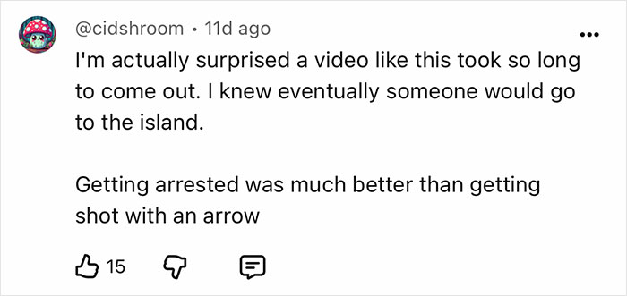 A YouTube comment expressing surprise about a video on the dangerous island taking so long to emerge.