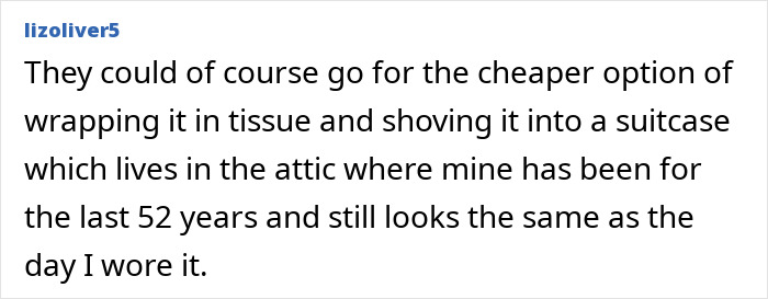 Lizoliver5 comment about Zendaya's custom wedding dress: cheaper option is tissue and suitcase in attic. Lizoliver5 comment about Zendaya's custom wedding dress: cheaper option is tissue and suitcase in attic.