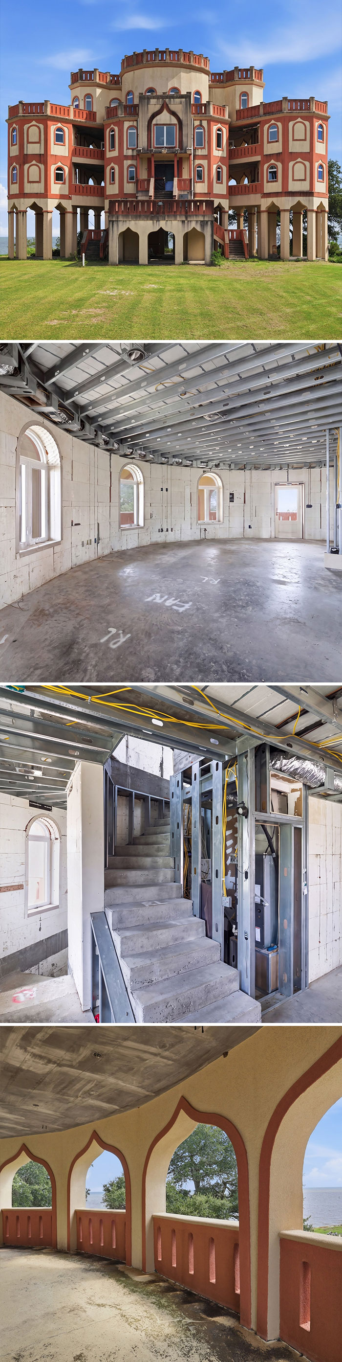 Large castle-like structure on stilts with unfinished concrete interiors, Zillow Gone Wild.