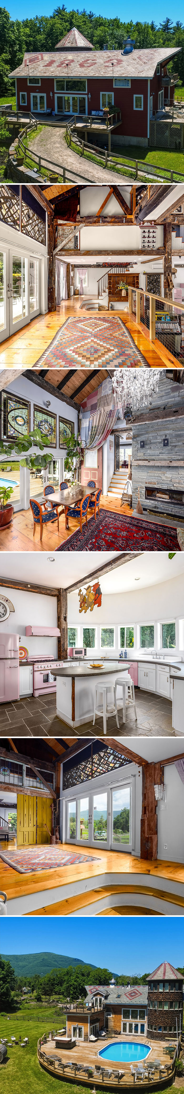 Red barn-style house with pool and eclectic rustic interior - Zillow Gone Wild listing.