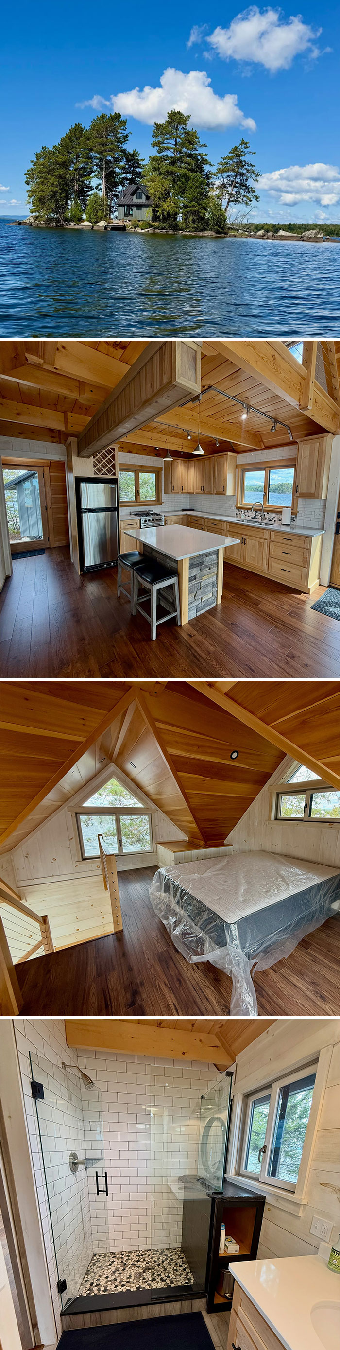 Zillow Gone Wild unique island home exterior and cozy wooden interior layout.