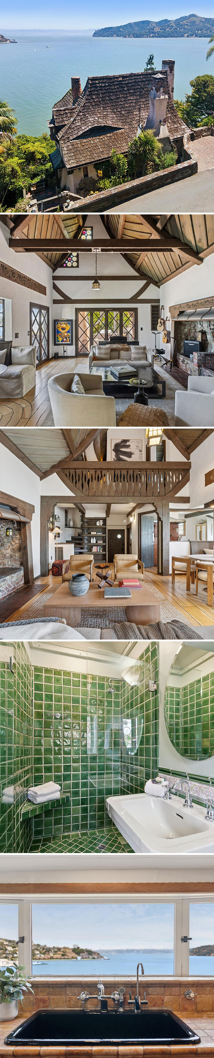 Whimsical cliffside house with water view and green tiled bathroom - Zillow Gone Wild.