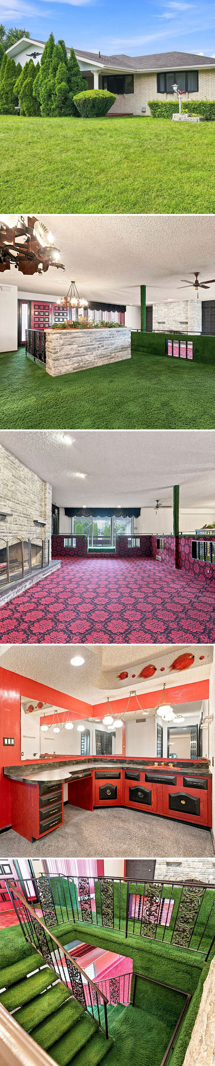 A retro-style home interior featuring vibrant green s**g carpeting, seen on Zillow Gone Wild.