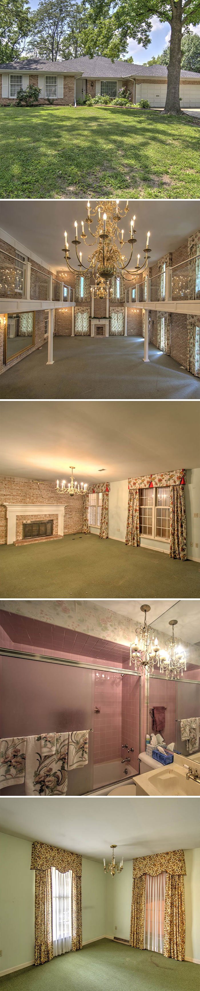 An expansive brick-walled living room with grand chandeliers, a unique Zillow Gone Wild find.
