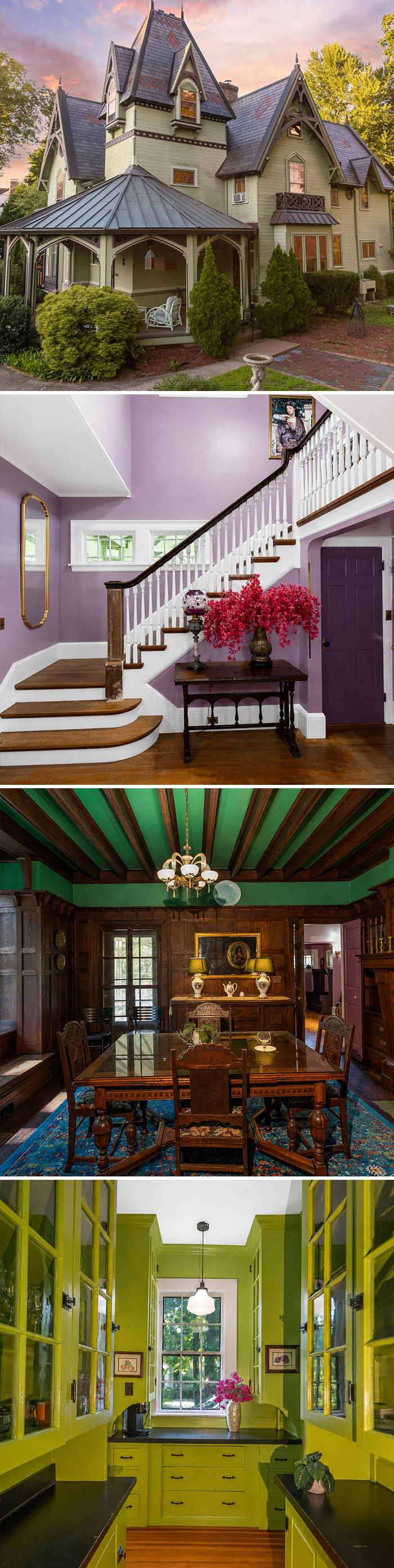 A multi-story Victorian home with colorful interiors from Zillow Gone Wild listings.