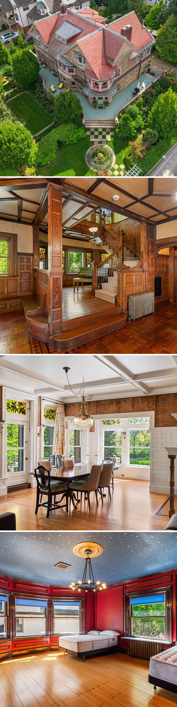 A multi-photo collage of an interesting historic Victorian home listing with stained glass windows
