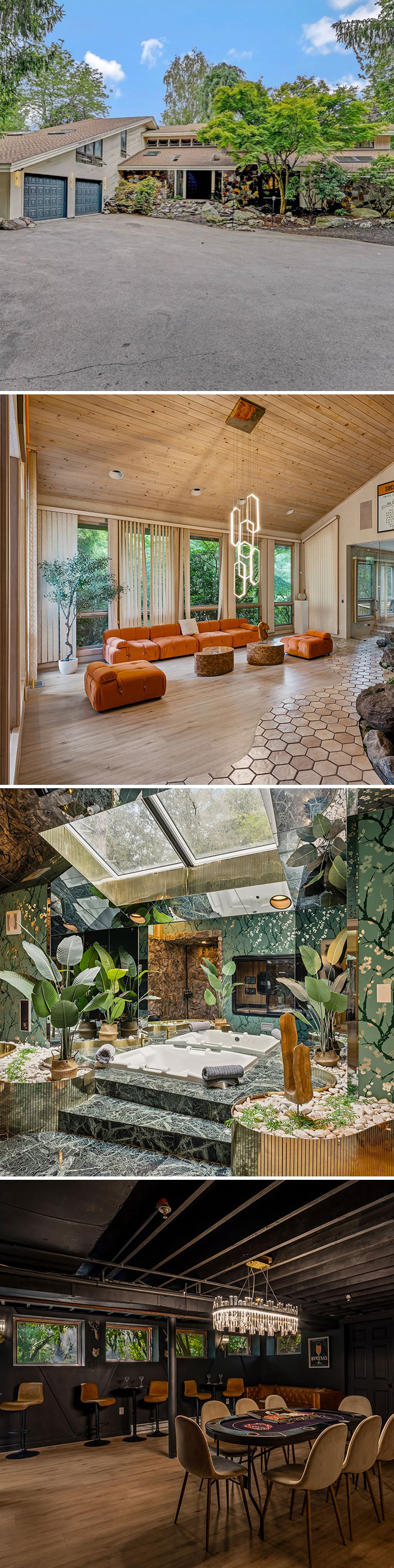 A four-photo collage of an unhinged contemporary home listing with a green jungle-themed bathroom