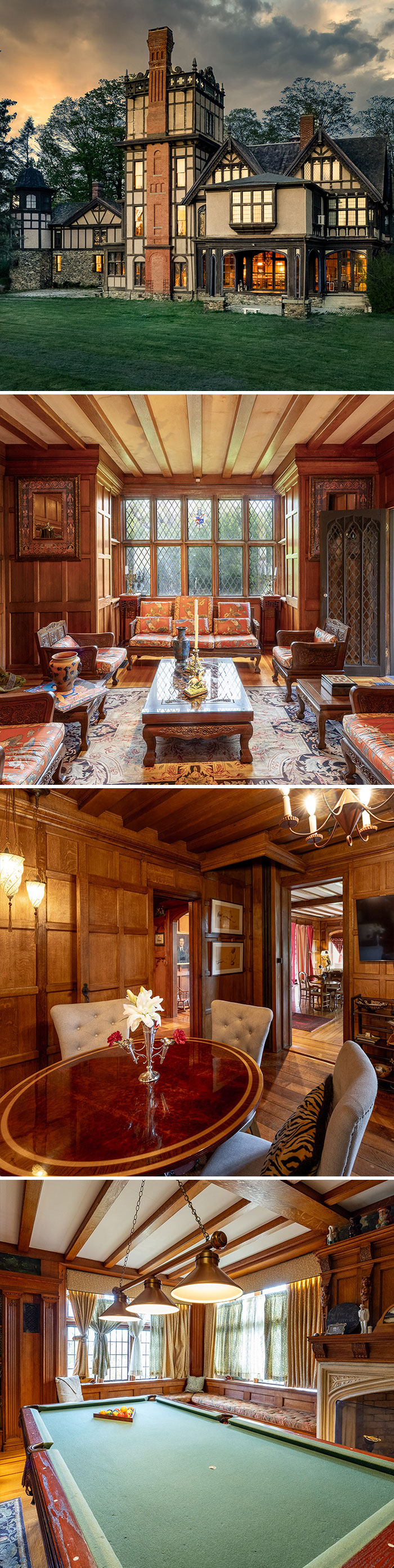 A multi-photo collage showcasing an unhinged Tudor style home listing with extensive wood paneling