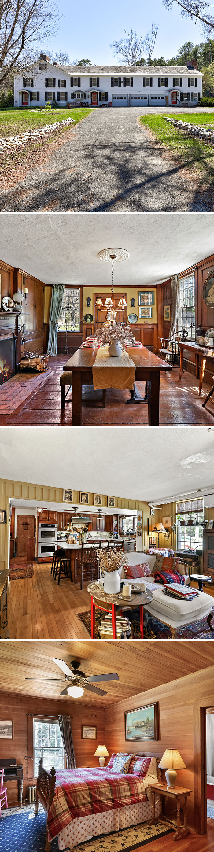 Four interior and exterior collage photos of an interesting white home listing with rustic wooden decor