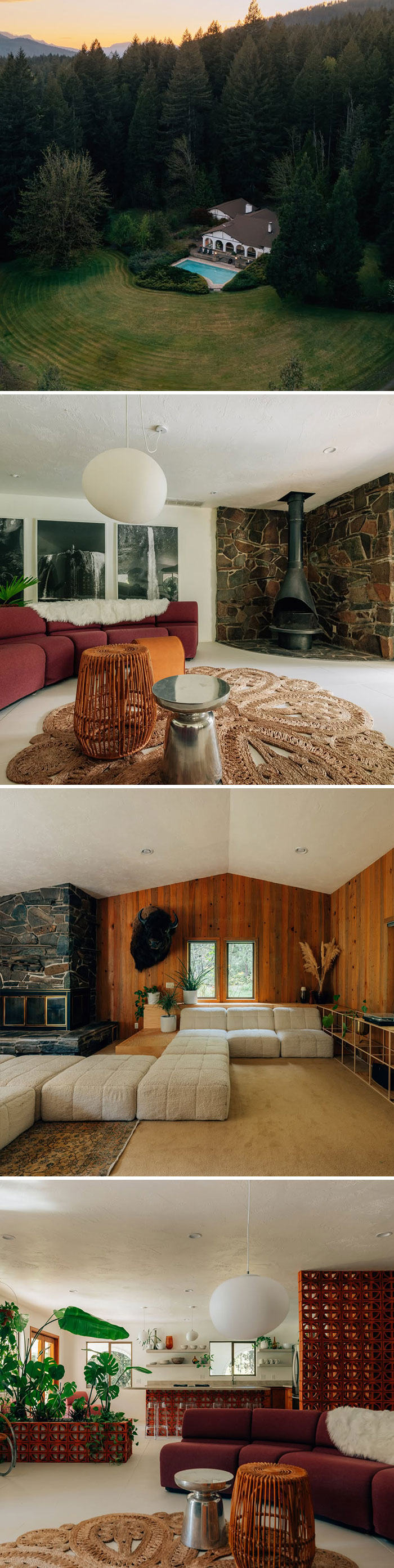 Four collage photos showing unhinged and interesting home listings with mid-century modern rustic decor