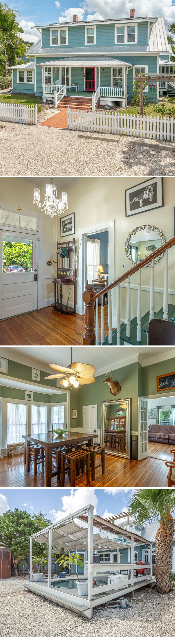 Charming blue coastal cottage exterior and cozy wooden interior with unique home listings