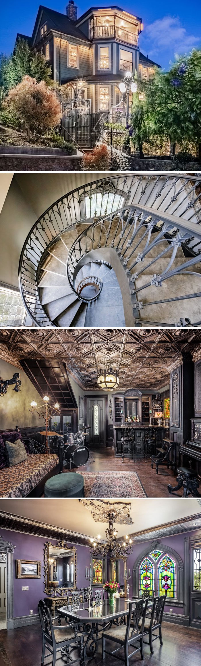 Gothic Victorian mansion exterior, spiral staircase, and dark wood dining room with unique home listings