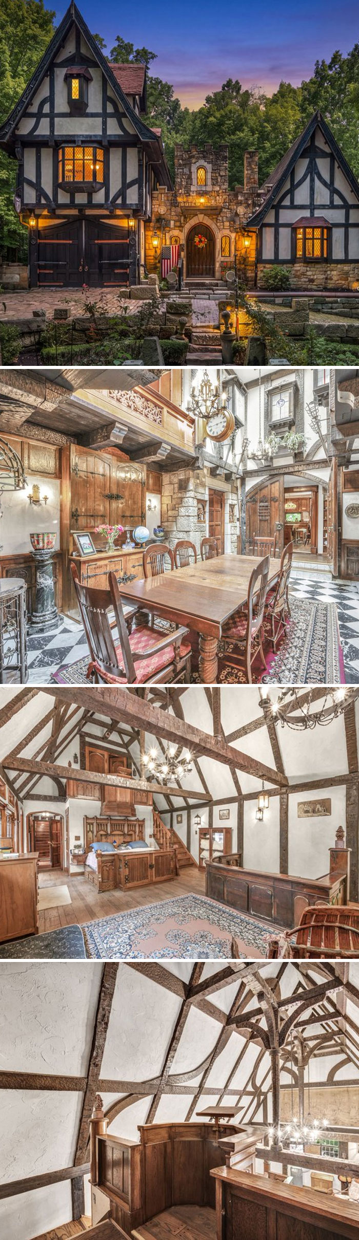 Tudor-style castle exterior and medieval wooden interior with unique home listings