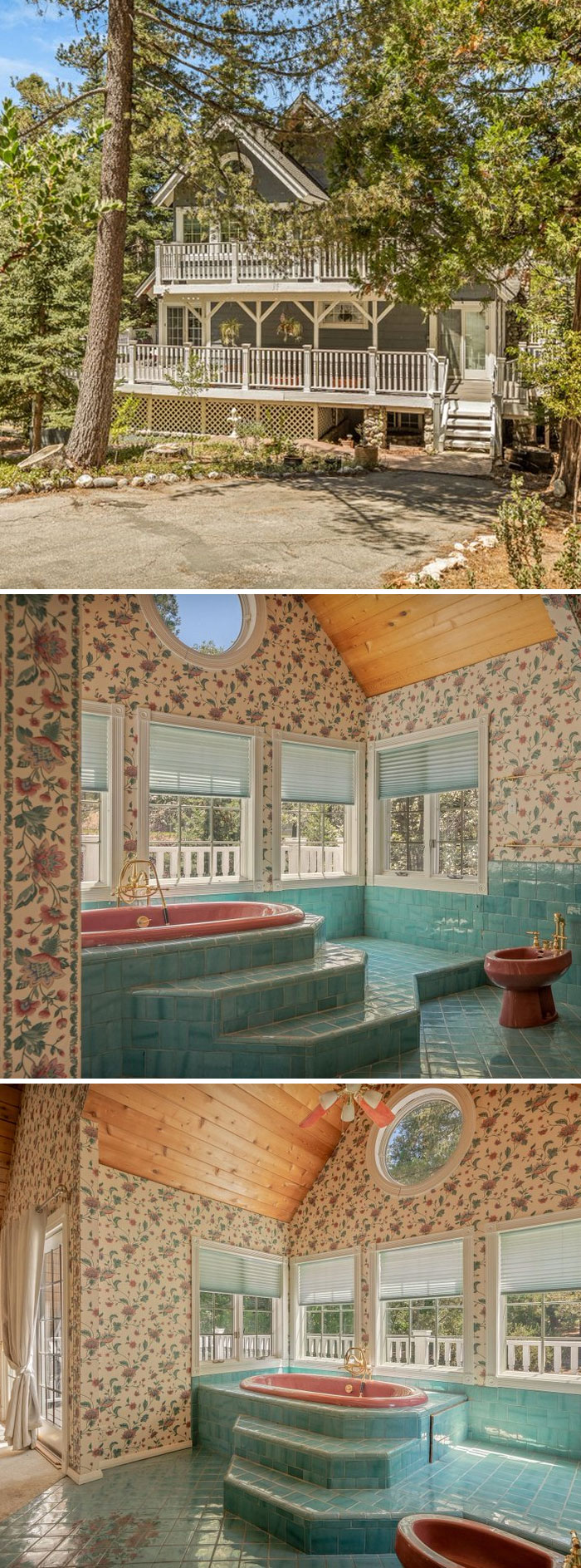A cozy forest cabin from Zillow Gone Wild featuring a whimsical floral wallpaper bathroom with a sunken pink tub
