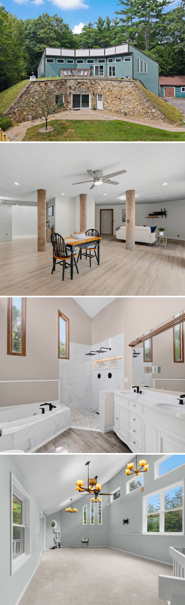 A Zillow Gone Wild home collage showcasing a unique stone-faced house, open dining area, and spacious modern bathroom