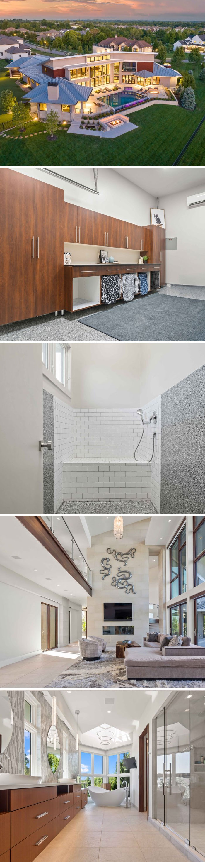 A Zillow Gone Wild listing collage showing a luxury modern mansion with an indoor dog wash station and sleek bathroom