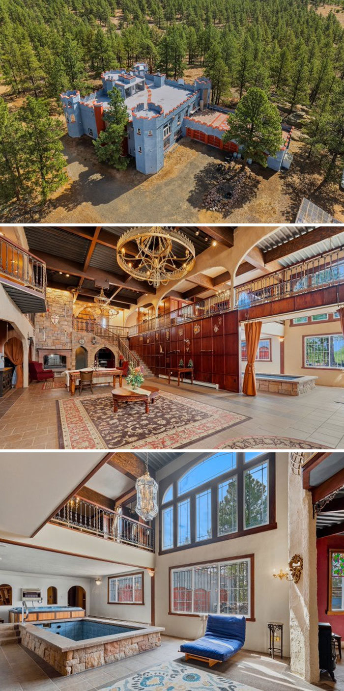 A bizarre blue castle-like mansion with rustic, cavernous interior rooms from Zillow Gone Wild