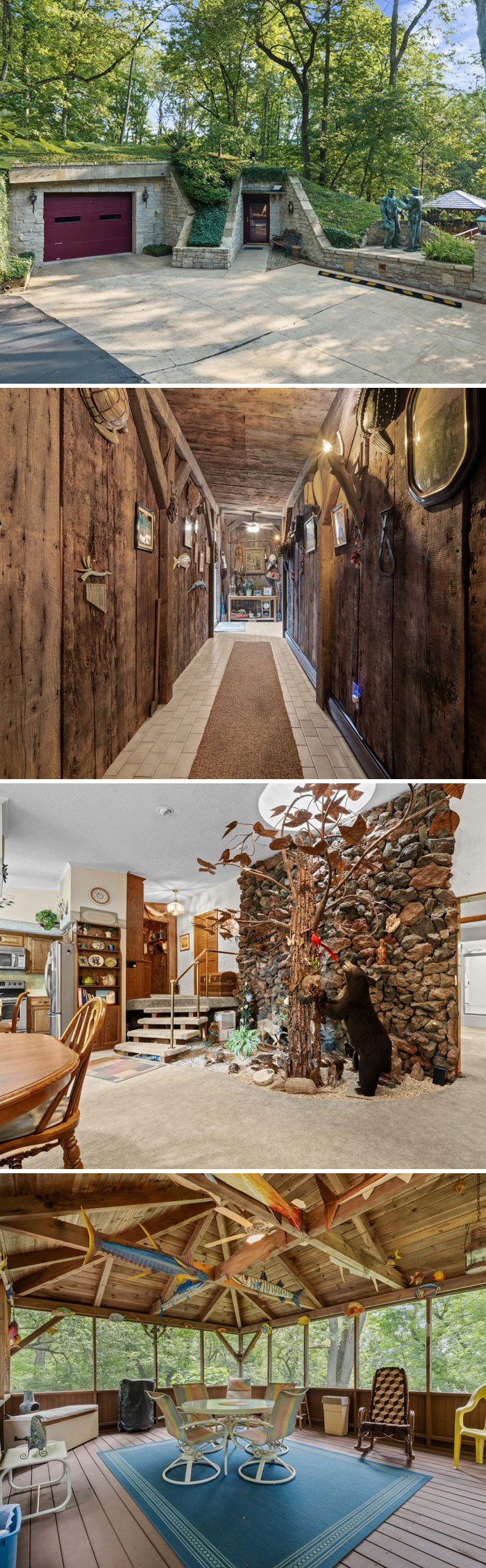 A unique home featuring an earth-sheltered entrance, wood-paneled halls, and indoor nature decor from Zillow Gone Wild