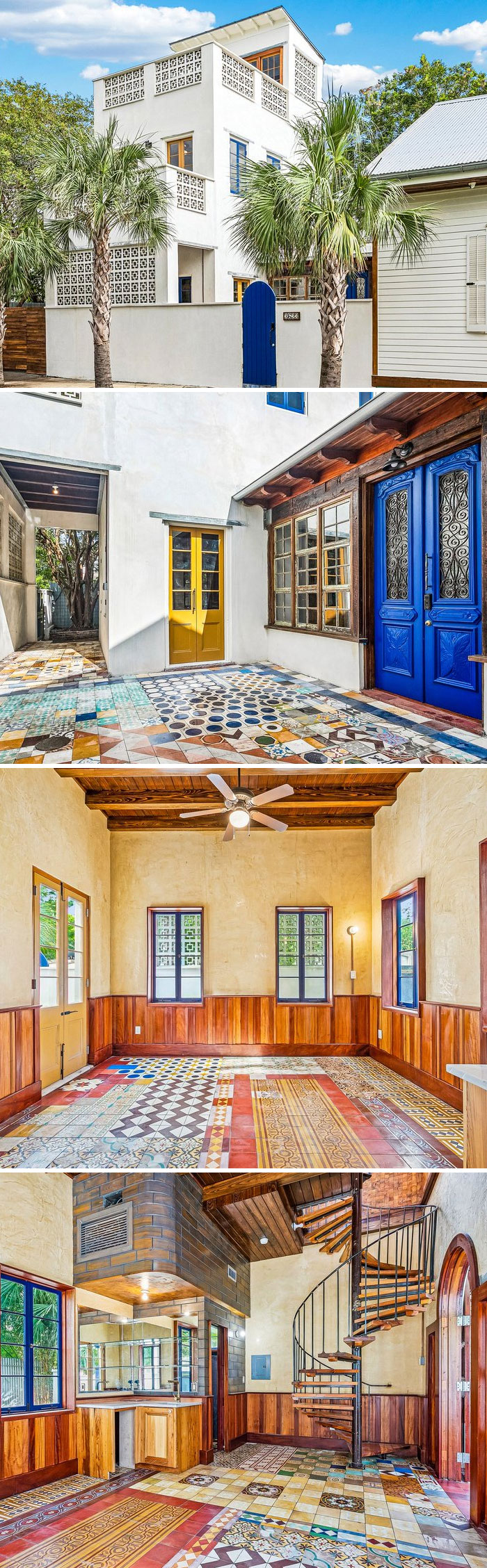 An artistic home with mosaic-tiled floors, a vibrant blue door, and spiral staircase from Zillow Gone Wild