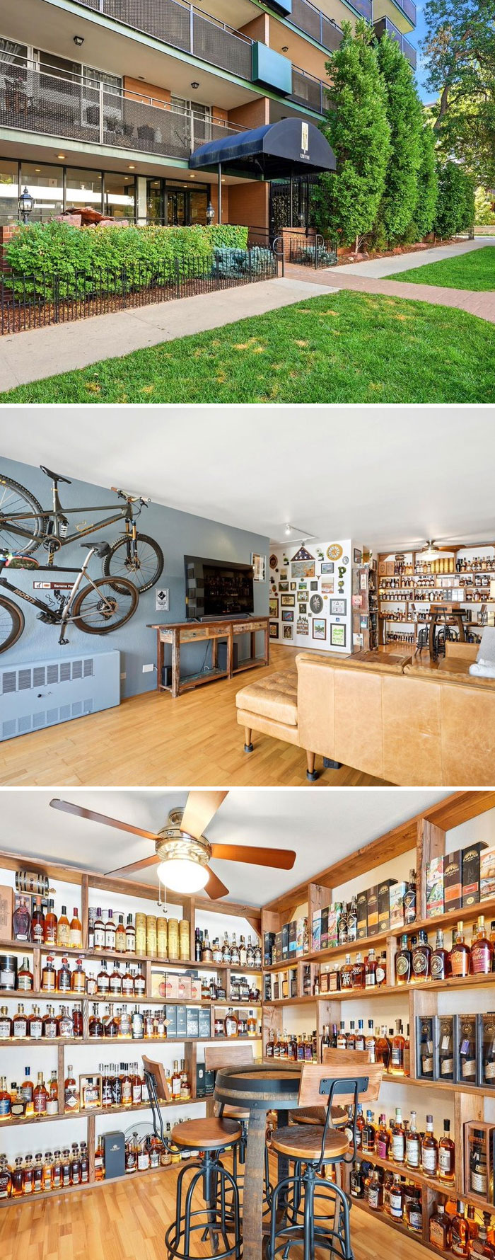 A multi-level home collage from Zillow Gone Wild featuring an apartment exterior, living room, and a massive home bar