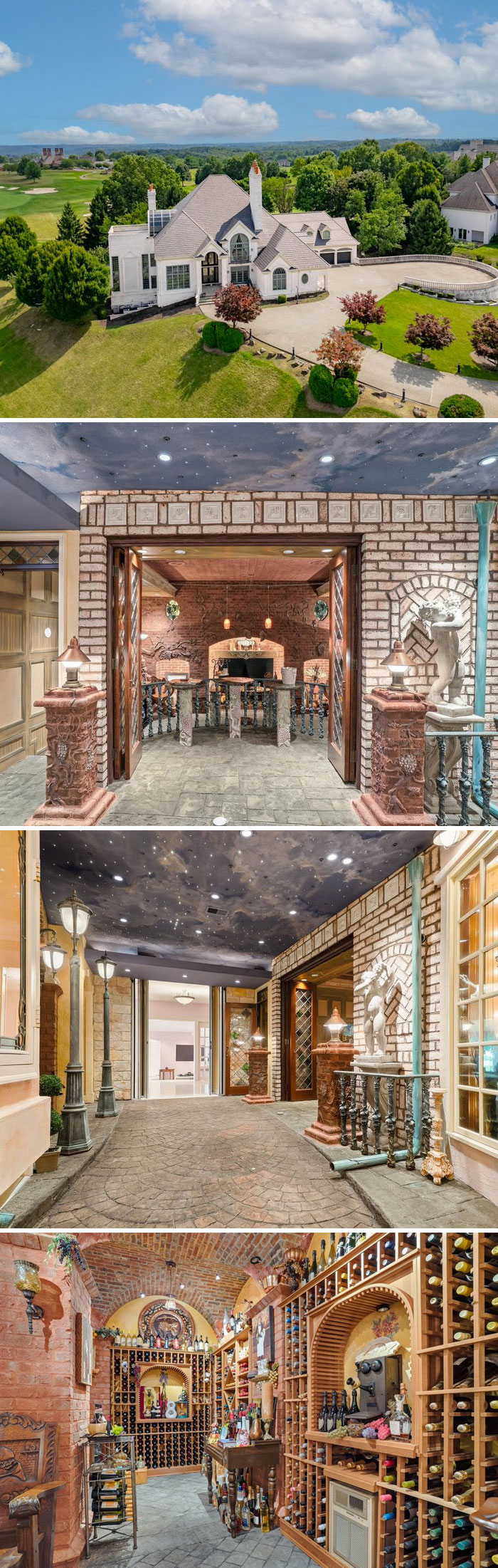 A collage showing a mansion and its eccentric indoor wine cellar and decor from Zillow Gone Wild