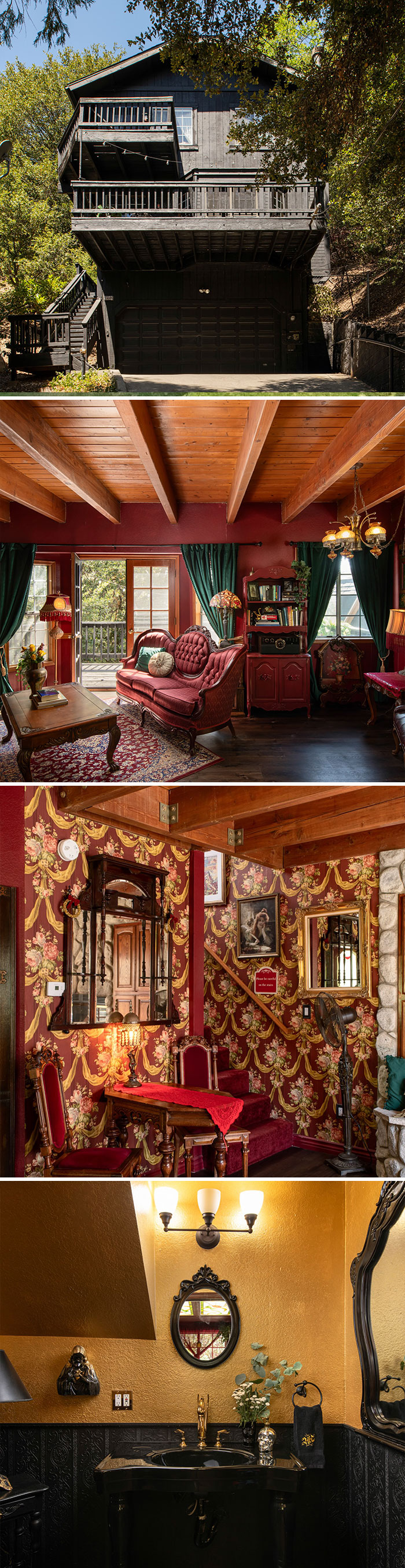 A dark wood lodge with red walls and vintage interior, featured on Zillow Gone Wild
