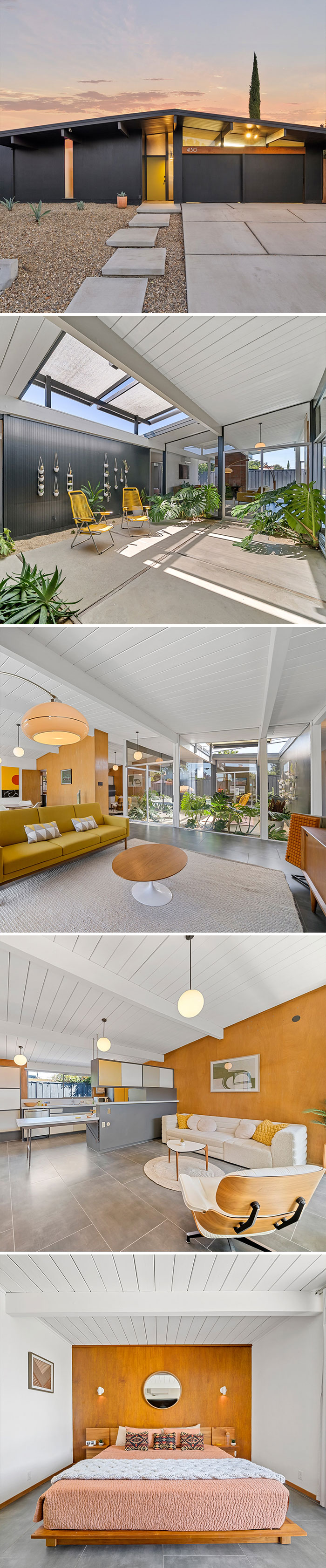 Zillow Gone Wild mid century modern house facade, indoor patio, living room, and stylish wood paneled bedroom