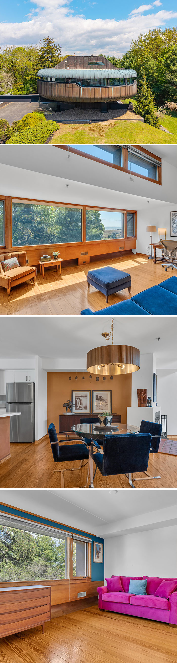 Zillow Gone Wild unique circular home exterior and retro styled modern interior living spaces with bright colors