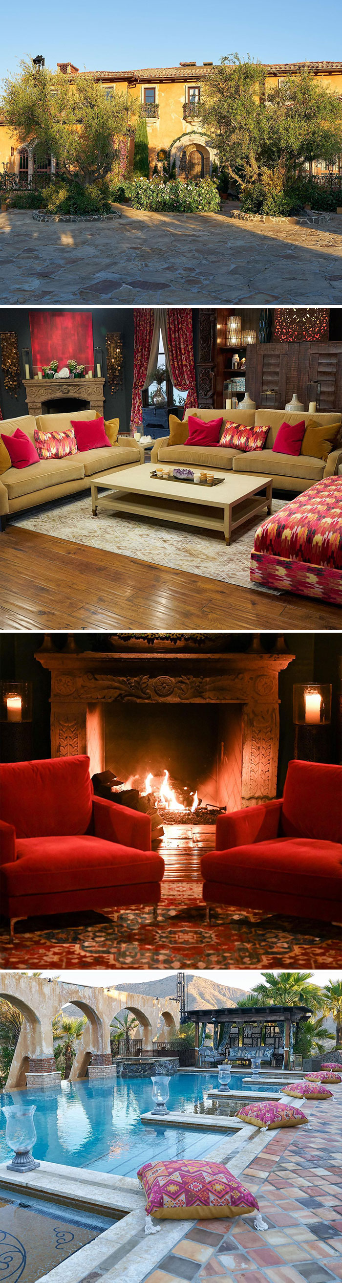 Zillow Gone Wild Spanish style estate courtyard, living room with fireplace, and a luxurious swimming pool