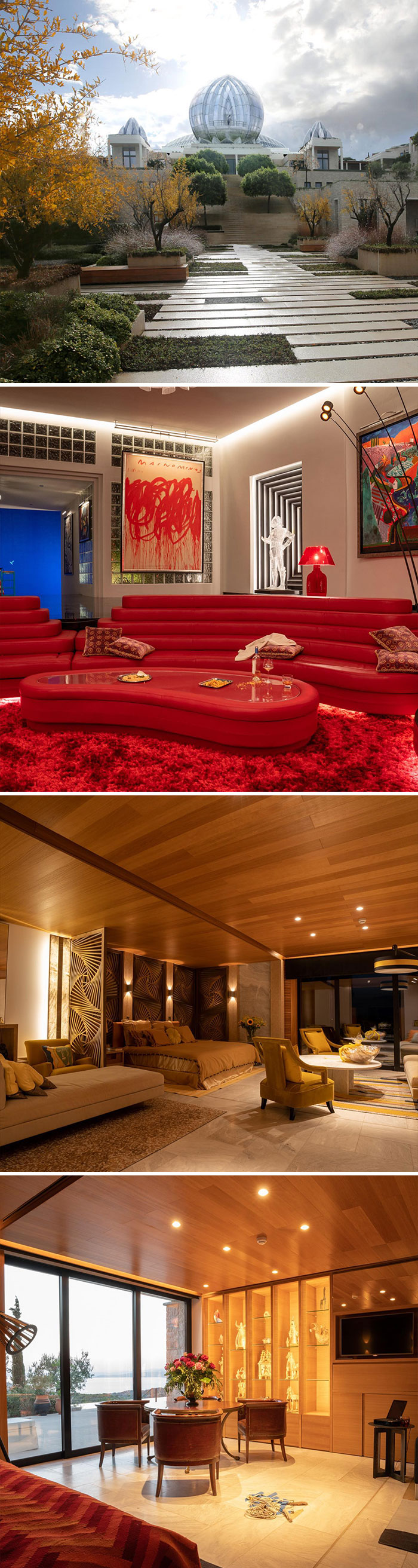 Zillow Gone Wild modern estate showing a white domed building, red living room, bedroom, and dining area