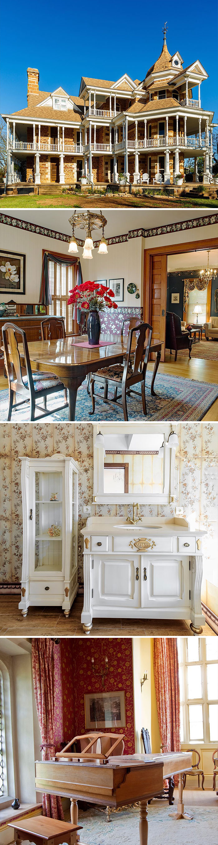 Zillow Gone Wild collage featuring a grand Victorian mansion exterior, dining room, bathroom vanity, and piano