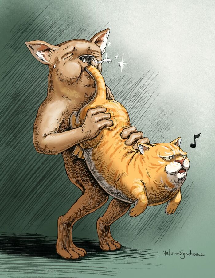 Illustration by Nelson Syndrome of a dog blowing into a cat like a bagpipe, an animal-filled parody