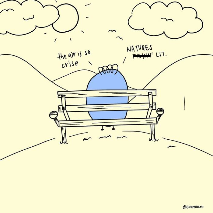 A blue bean character enjoying crisp air on a bench in nature, highlighting work struggles by Corpo Bean