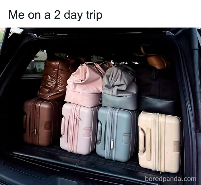 Car trunk packed full of pastel luggage for relatable female memes about overpacking on trips