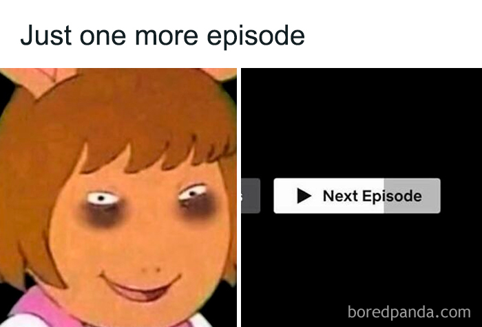 Tired cartoon character with dark circles watching next episode, relatable female memes
