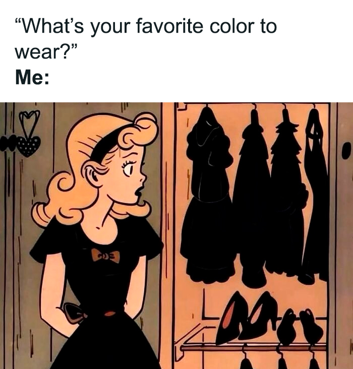 Animated woman in black dress selecting favorite color, relatable female memes