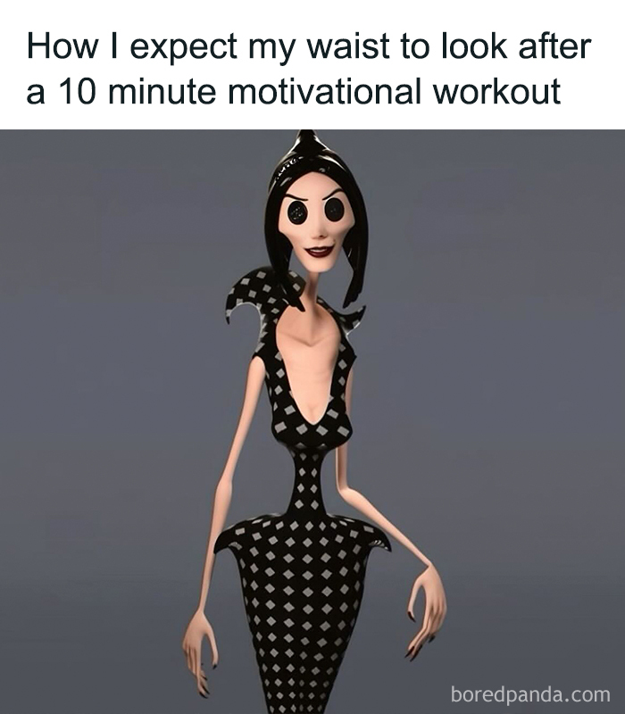 Relatable female memes character with an unrealistically thin waist from a quick workout humor