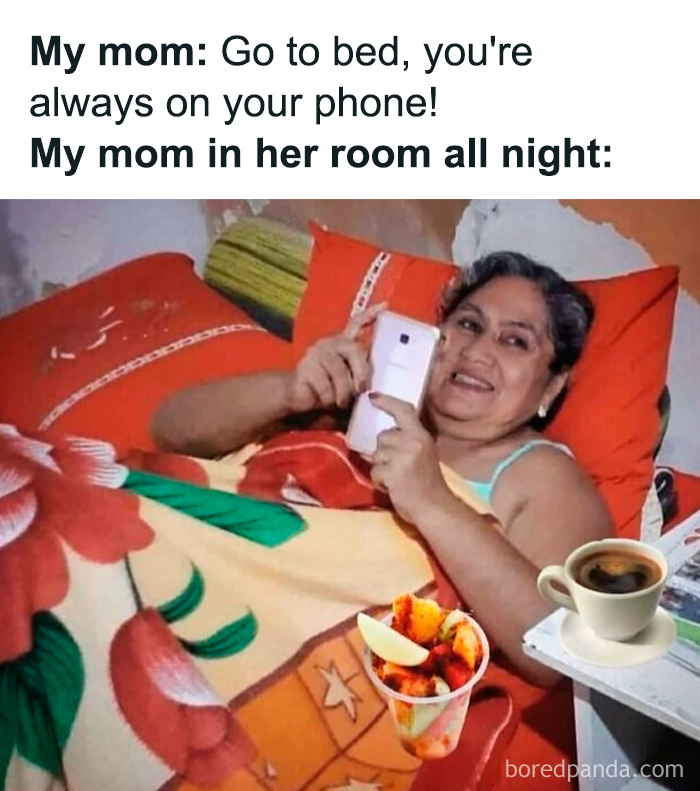 Relatable female meme showing mom using phone in bed while telling child to sleep