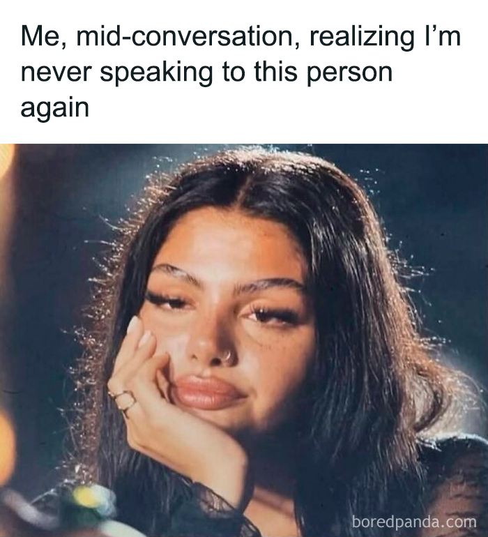 Relatable female meme showing woman mid-conversation with disappointed expression